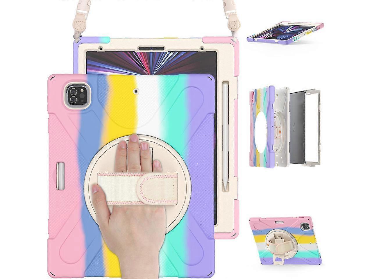 iPad Pro 12.9 Case 2021 5th Generation, Shockproof Rugged Drop Protection Cover with Pencil Holder and Rotating Kickstand Hand Strap / Shoulder Strap 