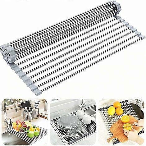 Roll-Up Dish Dryer, BPA Free Foldable Sink Dish Rack Ideal for Fruits, Vegetables, Plate, Silicone Coated Stainless Steel 37*36cm, Gray