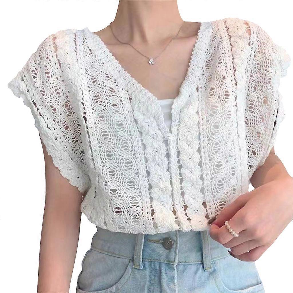 Damen Lang-/Kurzarm Hemden Hohlhäkeln Stricken V-Ausschnitt Urlaub Lockerer Pullover