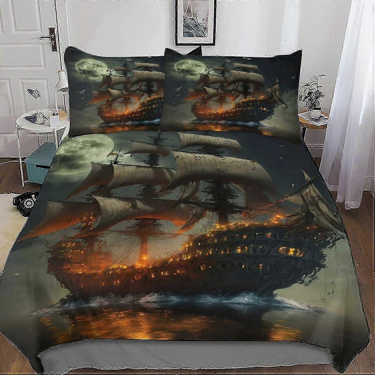 J1878 Lençóis de Cama Navio Pirata 2 PCs Impressão Conjunto de Capa de Edredom com Fronhas Conjunto de Cama 3D para Crianças e Adolescentes Adultos Capa de Edredom de Microfibra Macia com