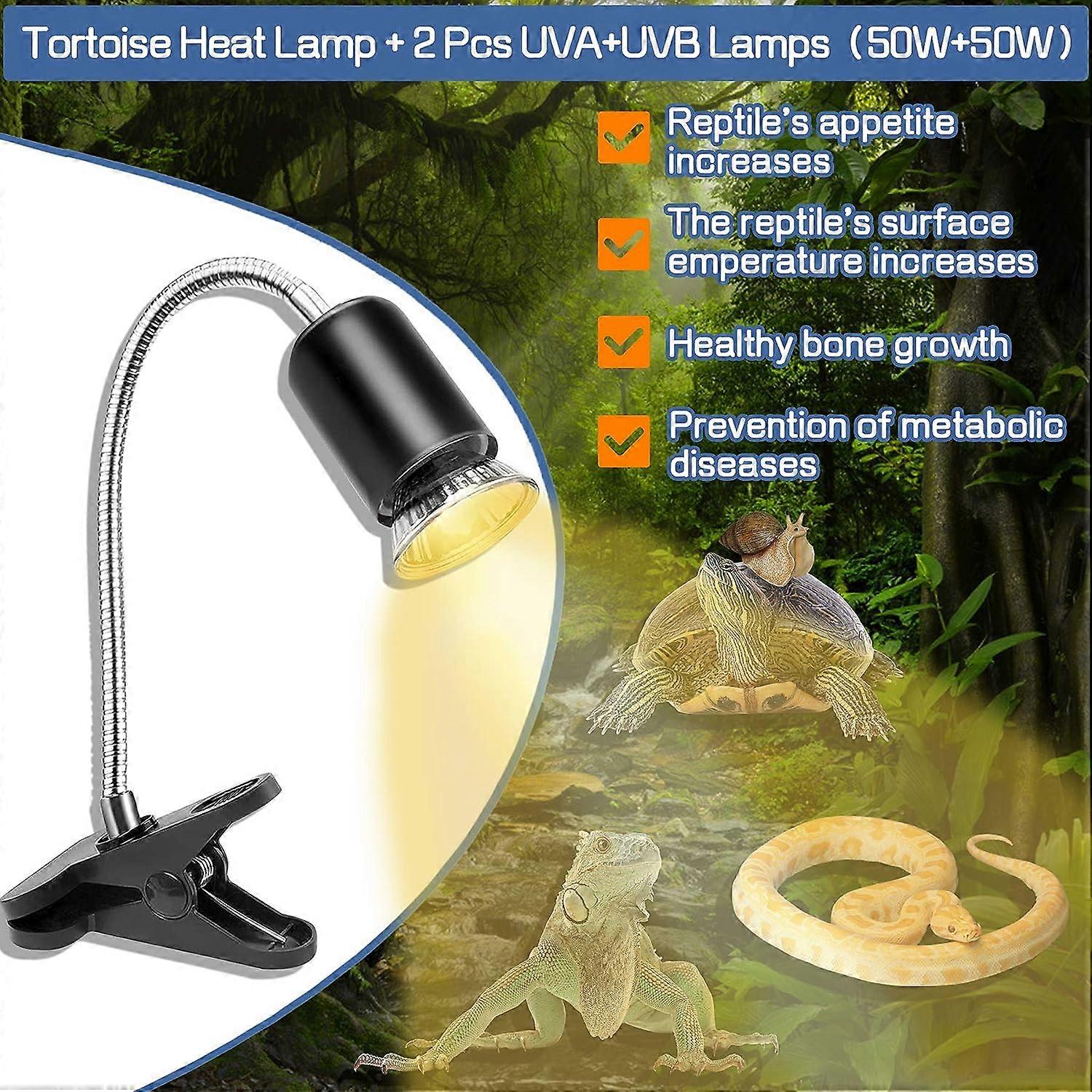 Turtle heat lamp (50W+50W, US plug), E27 UVA/UVB reptile lamp with stand, heat spotlight reptile lamp aquarium heating lamp for reptiles amphibians li