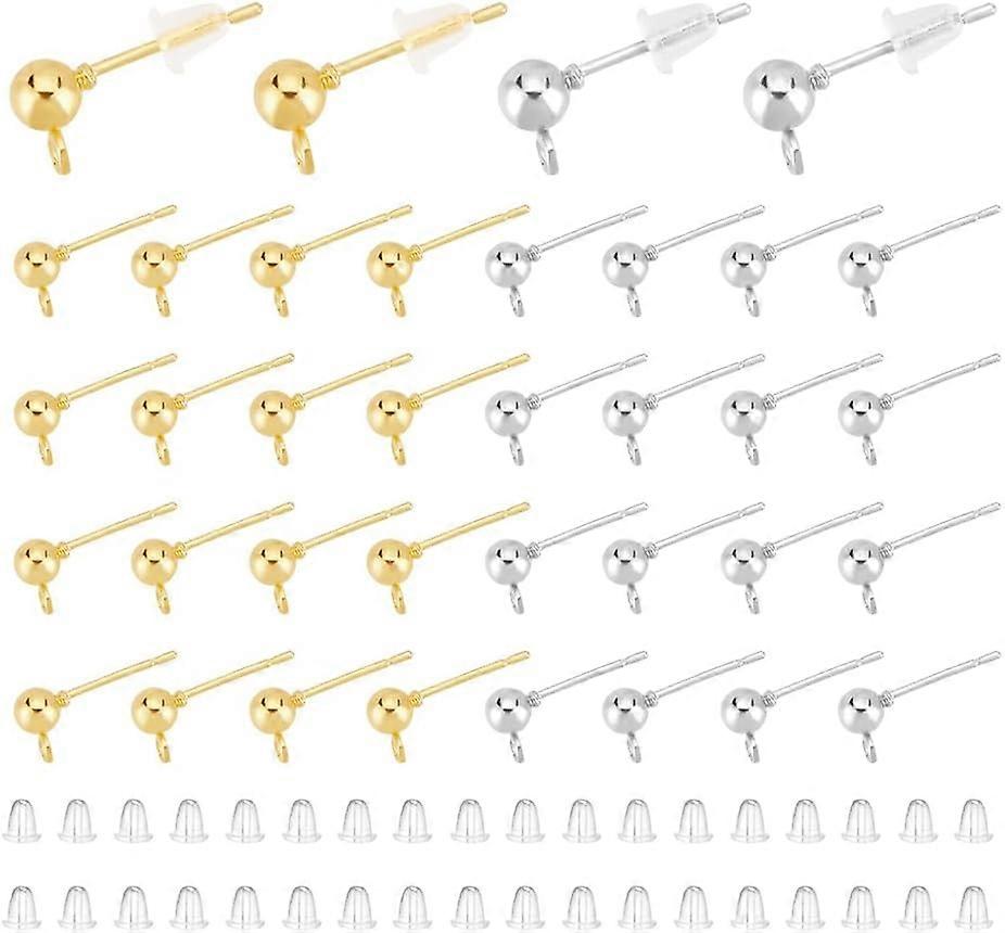 200Pcs 2 Styles Iron & 304 Stainless Steels Stud Earring Findings Ball Stud Earring Post with Vertical Loops 200Pcs Plastic Ear Nuts Golden & Stainles