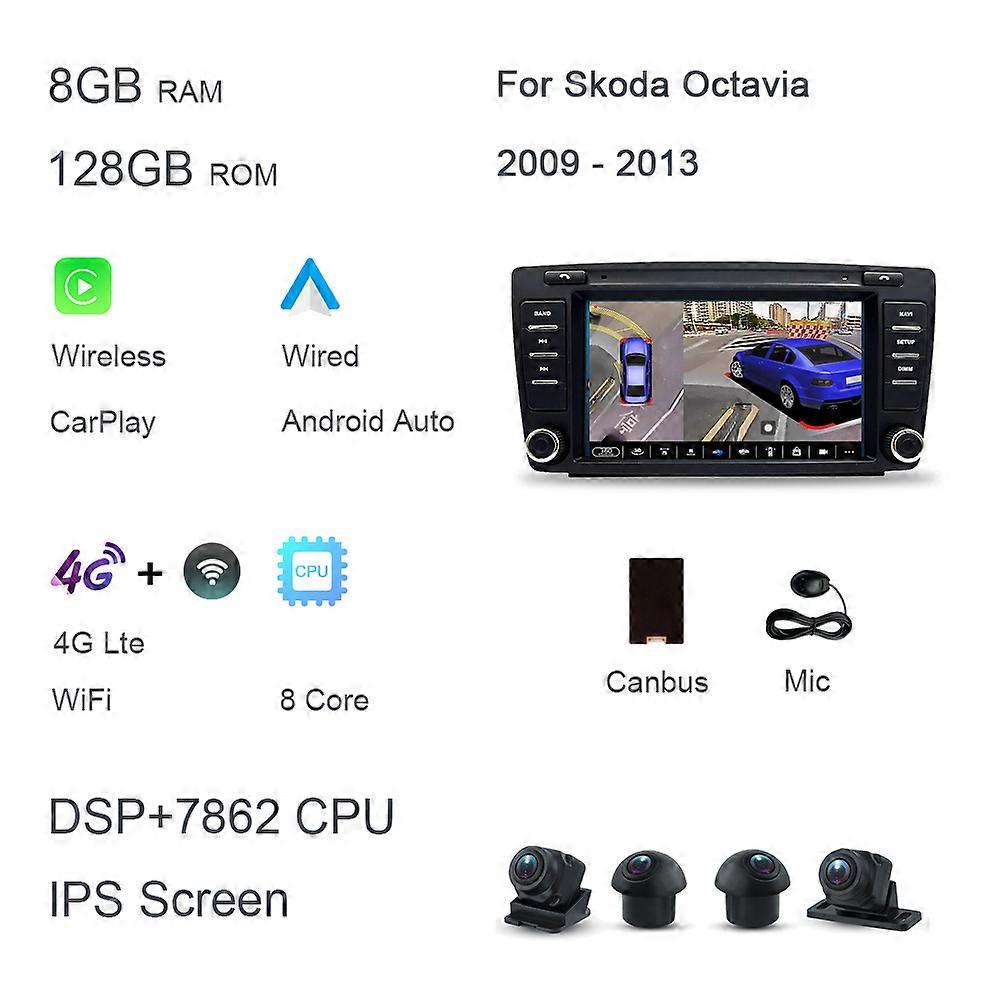 720P Carplay DSP IPS LTE Android 12.0 8G+128G 8Core Car DVD Player GPS Map WIFI Radio multimedia For Skoda Octavia 2009 - 2013