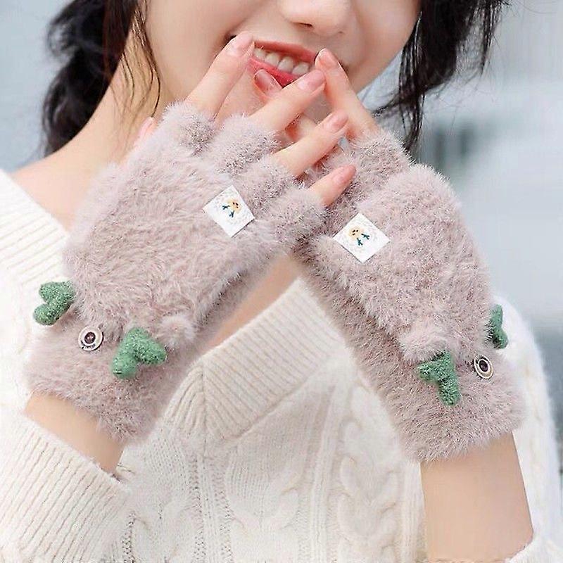 手套 女学生 韩版可爱 冬季骑行 女士 半指手套 写字 加厚天鹅绒 秋天暖和的日子 （D-F-4）