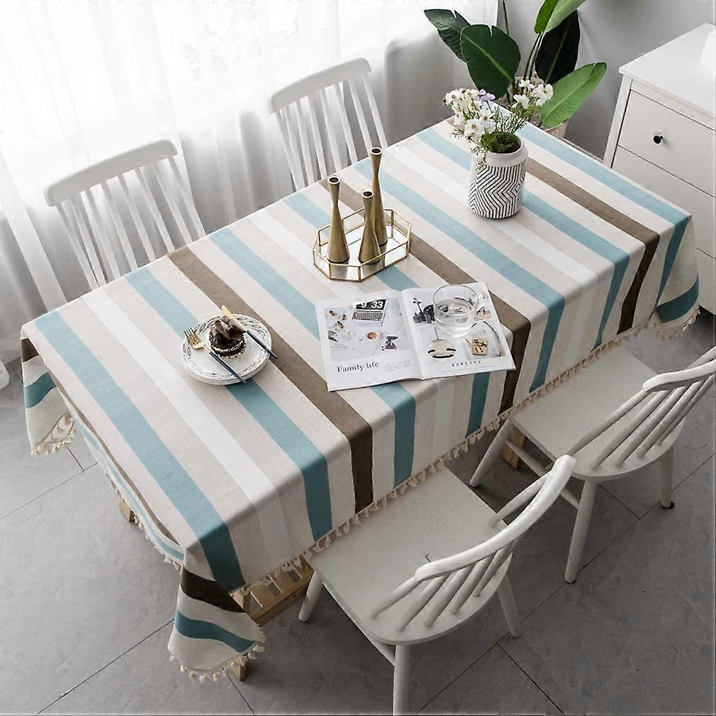 Tablecloth Cotton Linen Simple Style Table Linen Table Runner with Tassel Designed Stripes Splicing