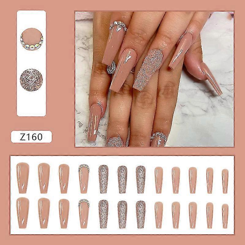 24pcs Shiny Crystals Nail Patch Sweet Style Glue Type Removable Long Paragraph