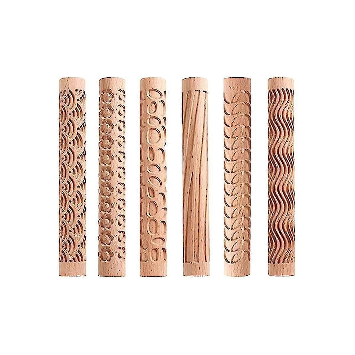 Set Of 6 Wood Clay Modeling Pattern Rollers Kit, Clay Rolling Pin Textured Hand Roller Wooden Handl