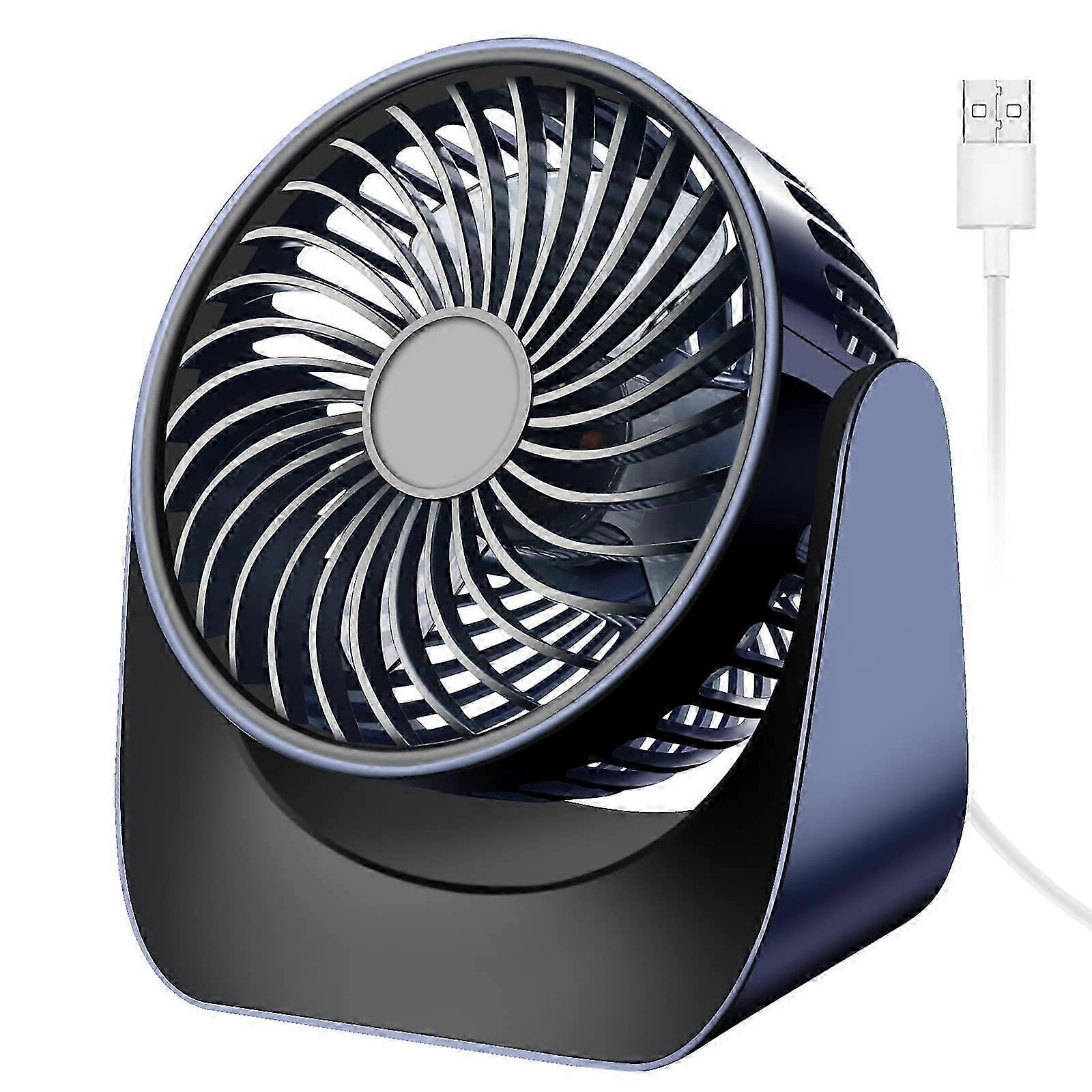 Ventilatore USB silenzioso, mini ventilatore da scrivania a 3 velocità, rotazione a 360 gradi Piccolo potente ventilatore da tavolo portatile per camera da letto auto campeggio all'aperto (blu navy, senza batteria)