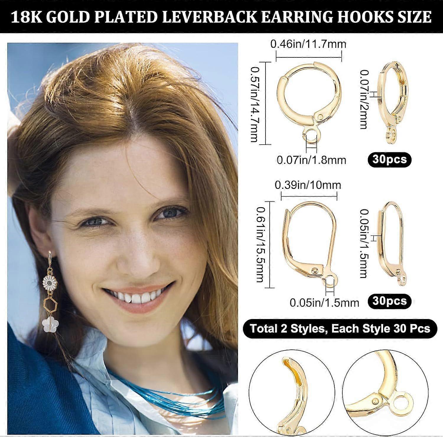 1 Box 60pcs Leverback Earring Hooks 2 Styles Round Real 18K Gold Plated Brass French Earwire with Horizontal Open Loop Ear Wire for Women Dangle Jewel