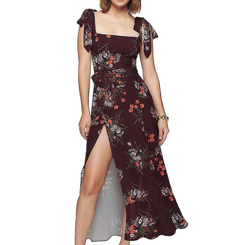 Womens Elegant Square Ne Dark Red Maxi Dress Floral Print Casual Vintage With Tie Straps Split Dress