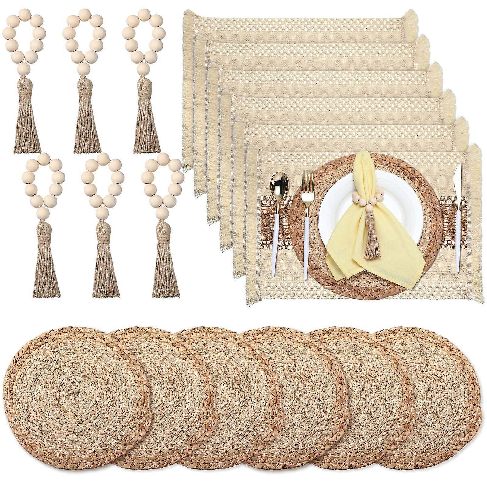 6 Set Boho Placemats with Tassels & Wooden Beads