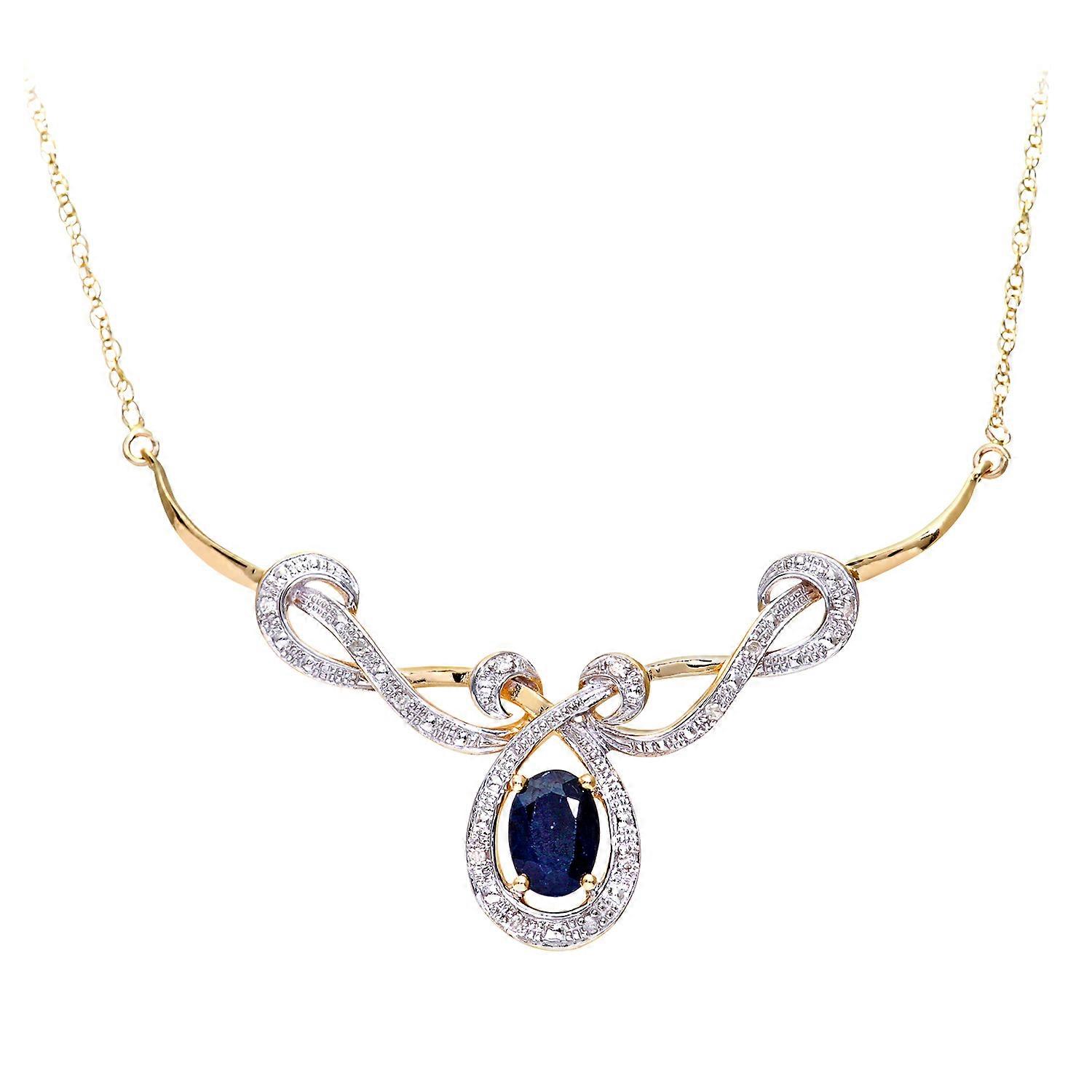 Jewelco London 9ct 黄金圆形 5 分钻石椭圆形 1.2ct 蓝宝石无限领夹项链 18 英寸 46 厘米