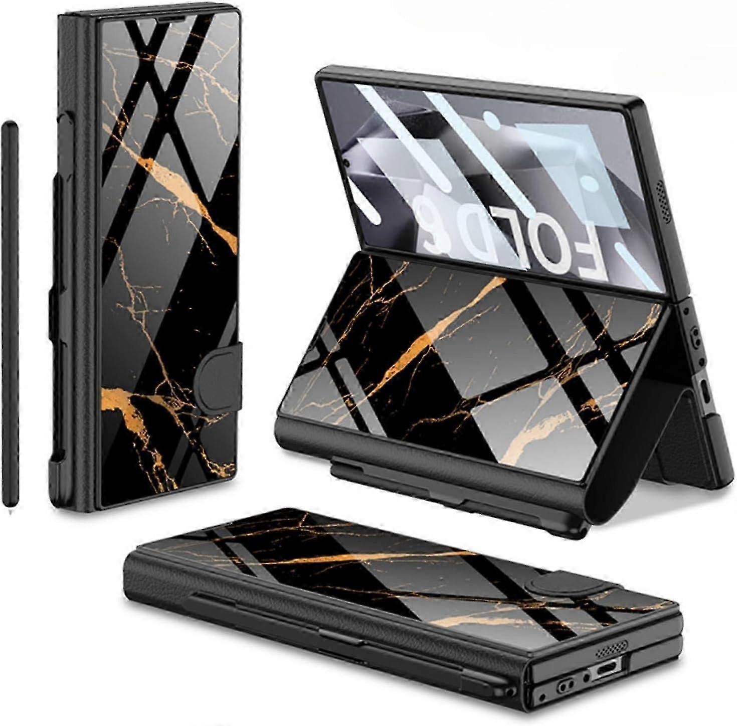 For Samsung Galaxy Z Fold 6 Case with Pen Slot, Z Fold 6 Case Plating Glass Hybrid Leather All-Inclusive Case with Screen Protector