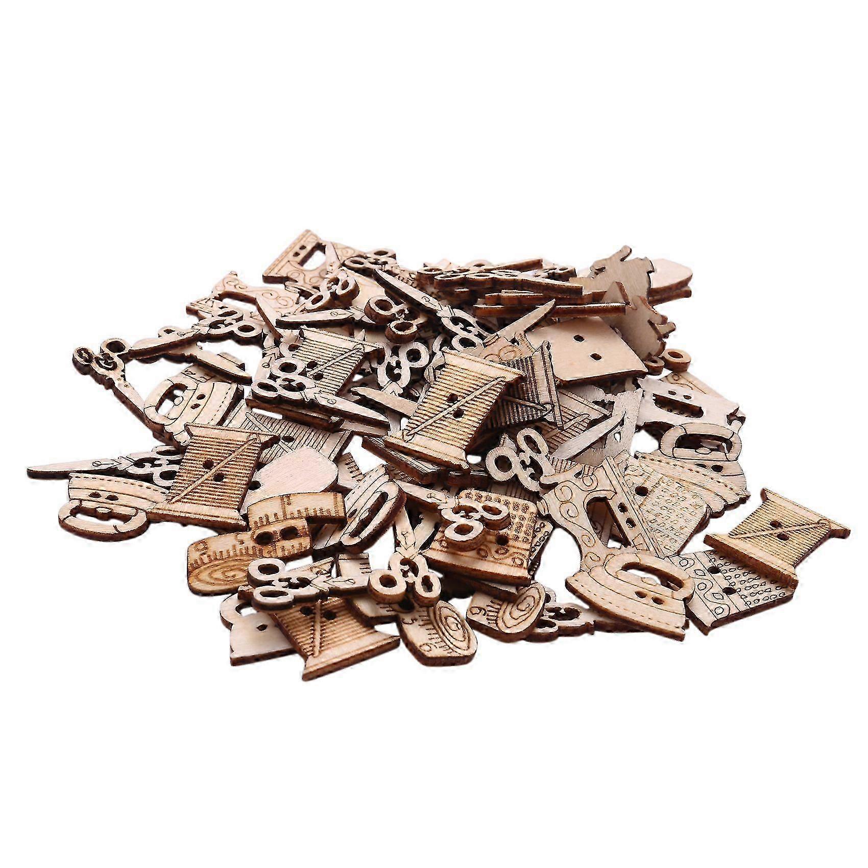 100pcs Sewing Machine Scissors Shaped Wooden Buttons Sewing Button For Children Clothes Decorative Button Scrapbooking Accessory