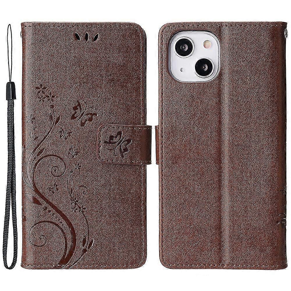 For Iphone 15 Plus Pu Leather Wallet Cover Cell Phone Case Imprinted Shell Stand With Strap