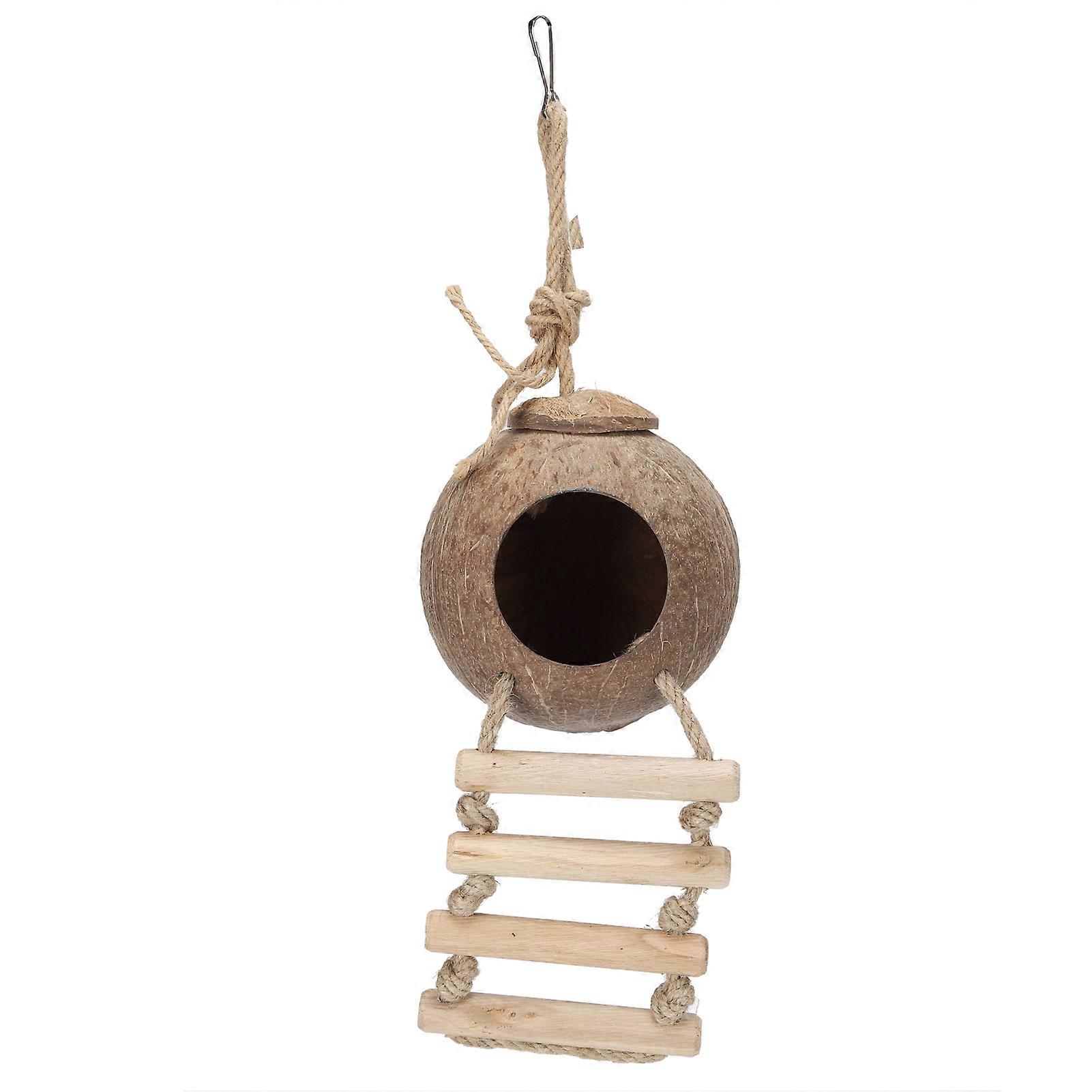 Parrots Hanging Natural Coconut House with Ladder for Birds and Hamsters, Eco-Friendly Coconut Shell Nest Toy