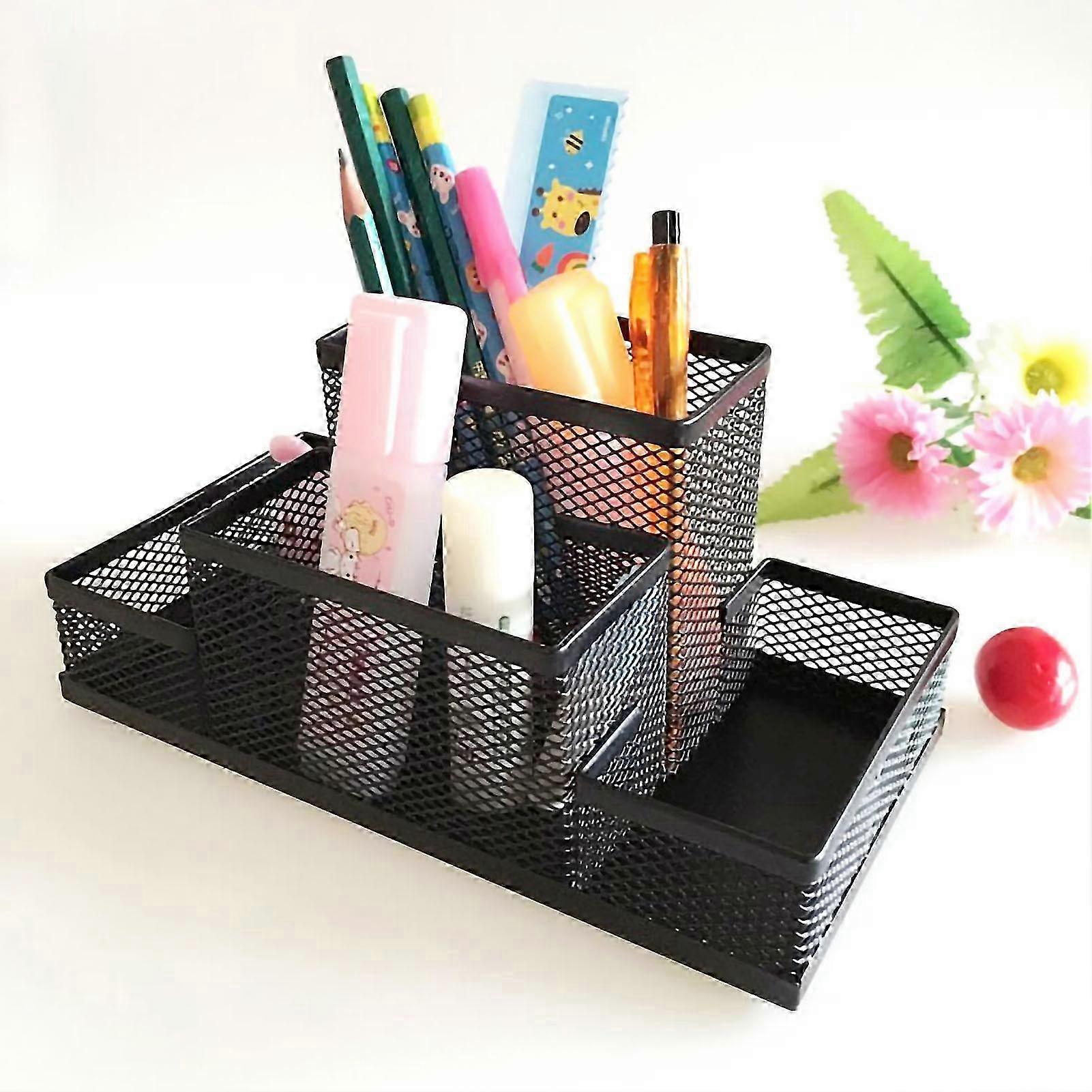 4 Compartments Mesh Pencil Holder Large Capacity Multifunctional Black Desk Organizers for Office School Home