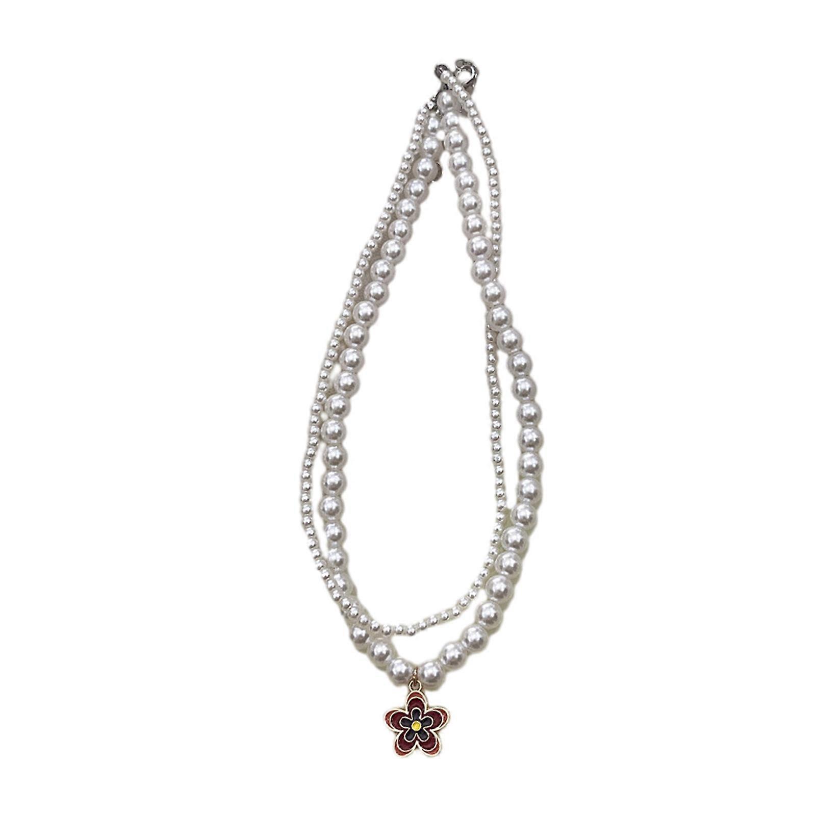 Double Flower Clavicle Chain Necklace Sweet Cute Pearl Chain Choker Stackable Necklace Boho-Style Jewelry Ornament Red