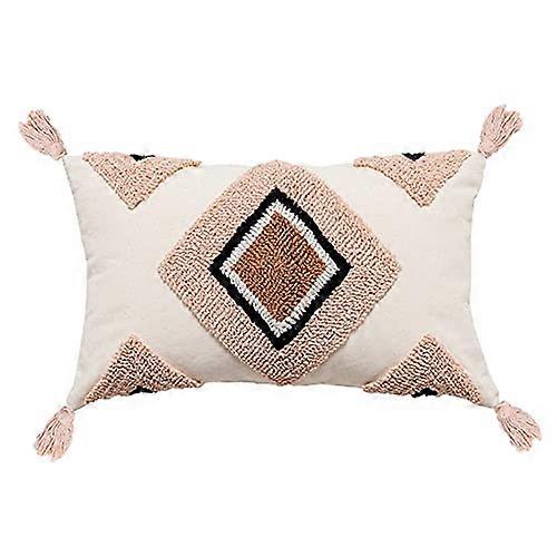Bohemian Cotton Woven Tufted Rose Navy Indian Ethnic Diamonds with Tassels Decorative Cozy Lumbar Pillow Cover for Bedroom Couch 12x20 Inches