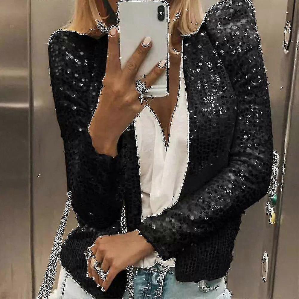 Women's Cardigan Long Sleeve Shiny Sequin Coat Open Front Casual Female Jacket