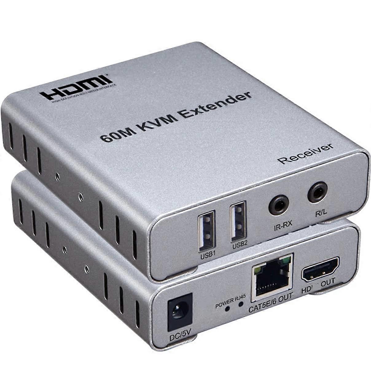 60M USB KVM HDMI Extender ,with 1080P R/L Audio by CAT5E Cat6 RJ45 Ethernet Cable Transmitter Receiver Audio Video Converter PC Laptop to TV Monitor