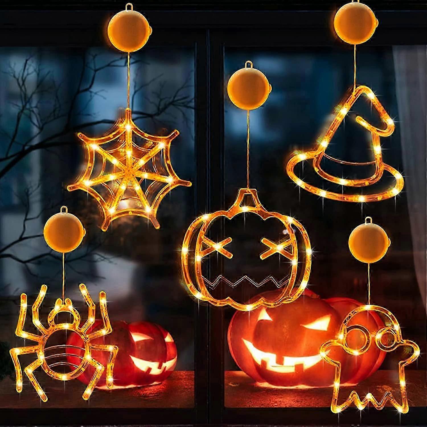 Halloween Decorations,5 Pack Of Orange Pumpkin,spider,cobweb,ghost And Witch Hat,halloween Window Lights With Suction Cup,battery Operated Indoor Wind