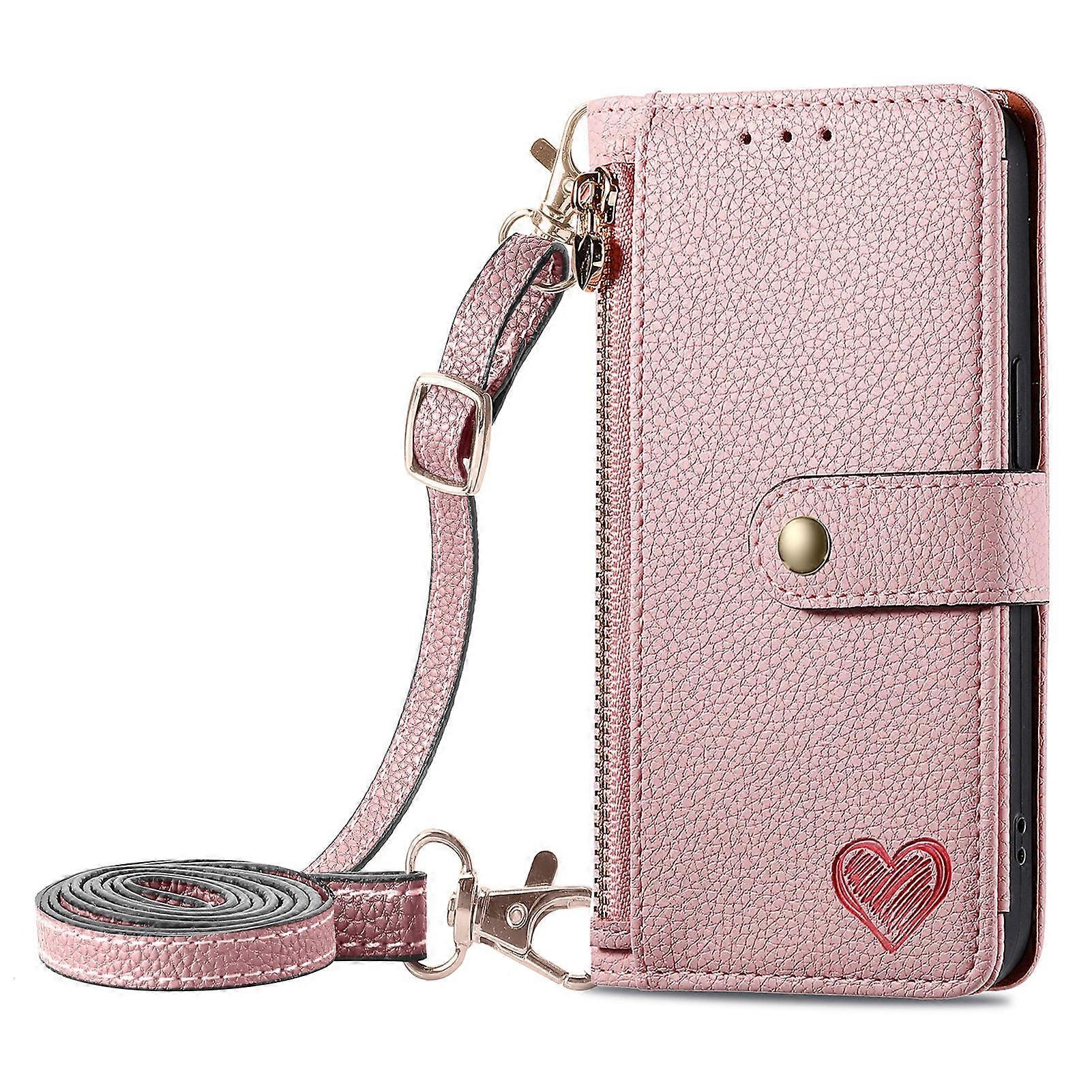 Veske Til Iphone 14 Pro Max Rosa [lang Crossbody Lanyard] Kilde Kjærlighet Lær Pu Litchi Mønster Anti-