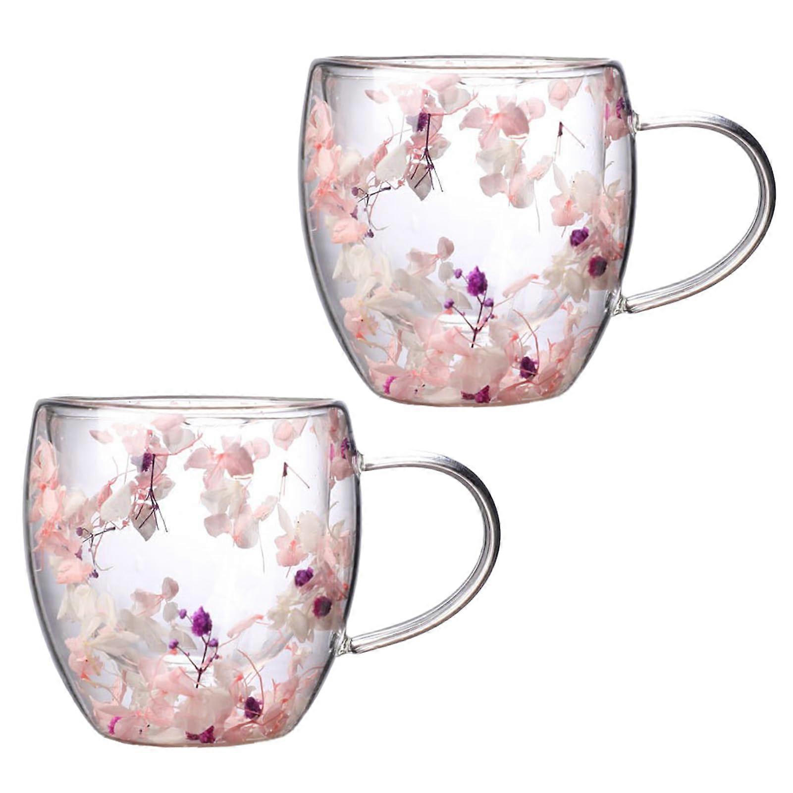 Double-Walled Glass Coffee Cups Pack Of 2, 250 Ml, Insulated With Handle, Flower Pattern, Pink White, For Cappuccino Tea