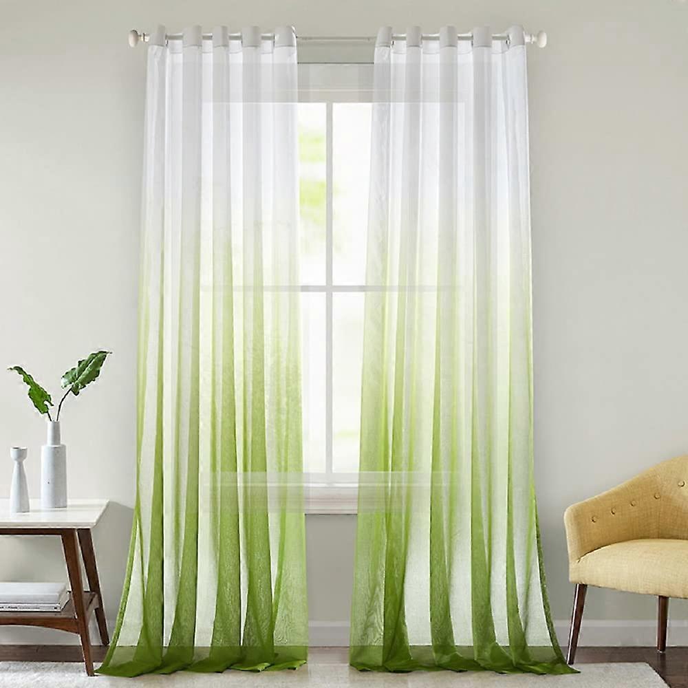 White Green 2Piece Set of 132cm x 244cm Transparent Color Gradient Voile Sheer Curtains with Eyelets