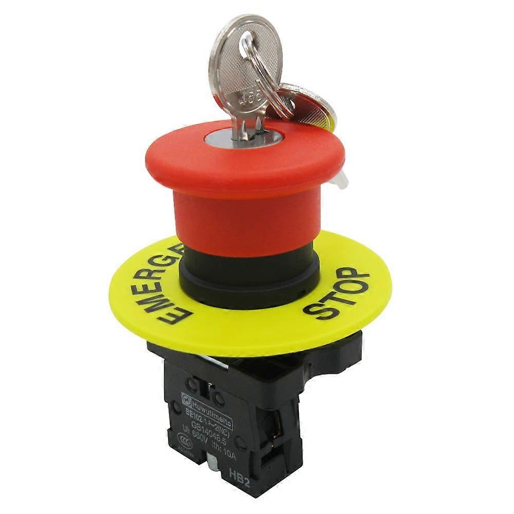 1NC Emergency Stop Switch 22 mm Red Mushroom Push Button Key Reset 10A 660V with 60 mm Emergency Stop Sign HB2-ES142