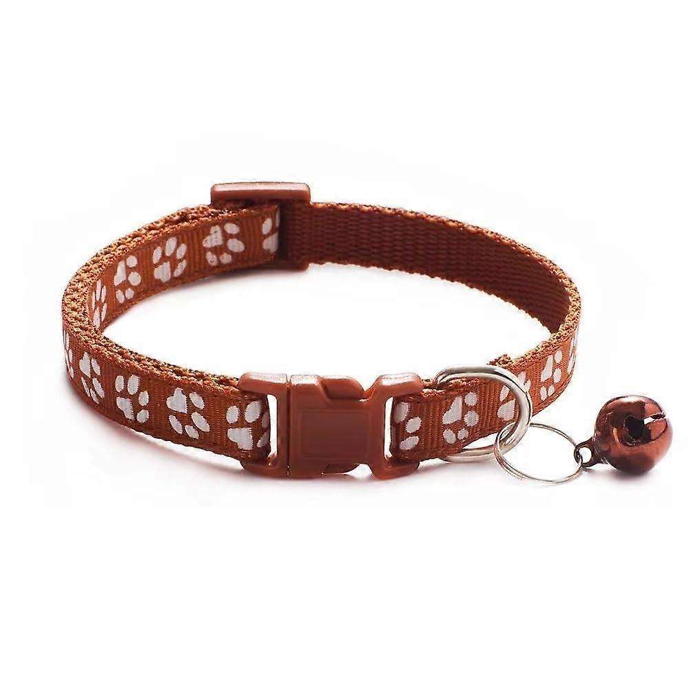 Dog Collar Small and Medium Nylon Adjustable Paw Print Bell Brown