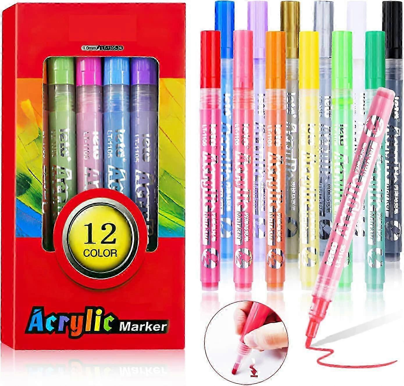 12-Pack Acrylic Paint Markers - Medium Round Tip Water-Based Permanent Pens