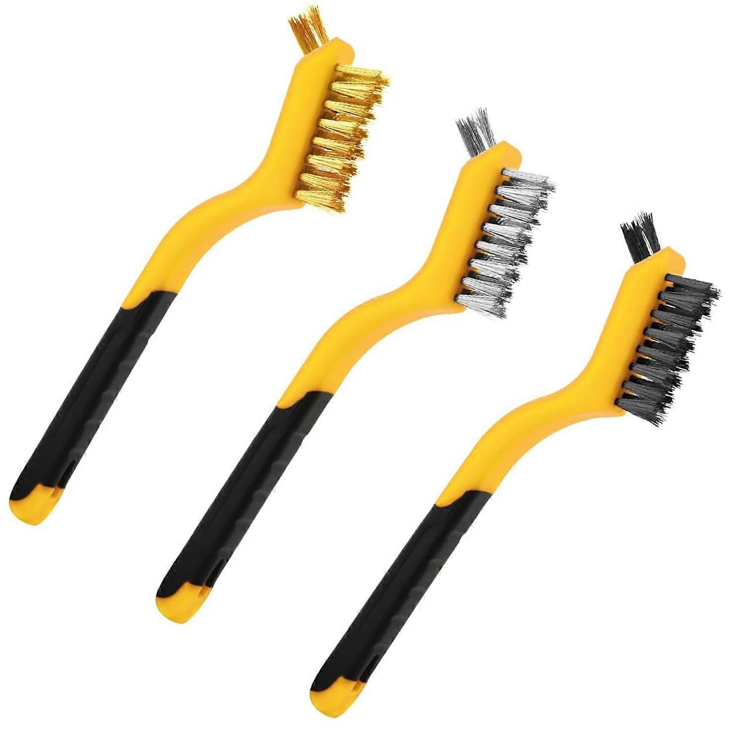3-Piece Wire Brush Set - Nylon/Brass/Stainless Steel Bristles with Curved Handle - for Rust Removal, Dirt & Paint Scrubbing - Yellow
