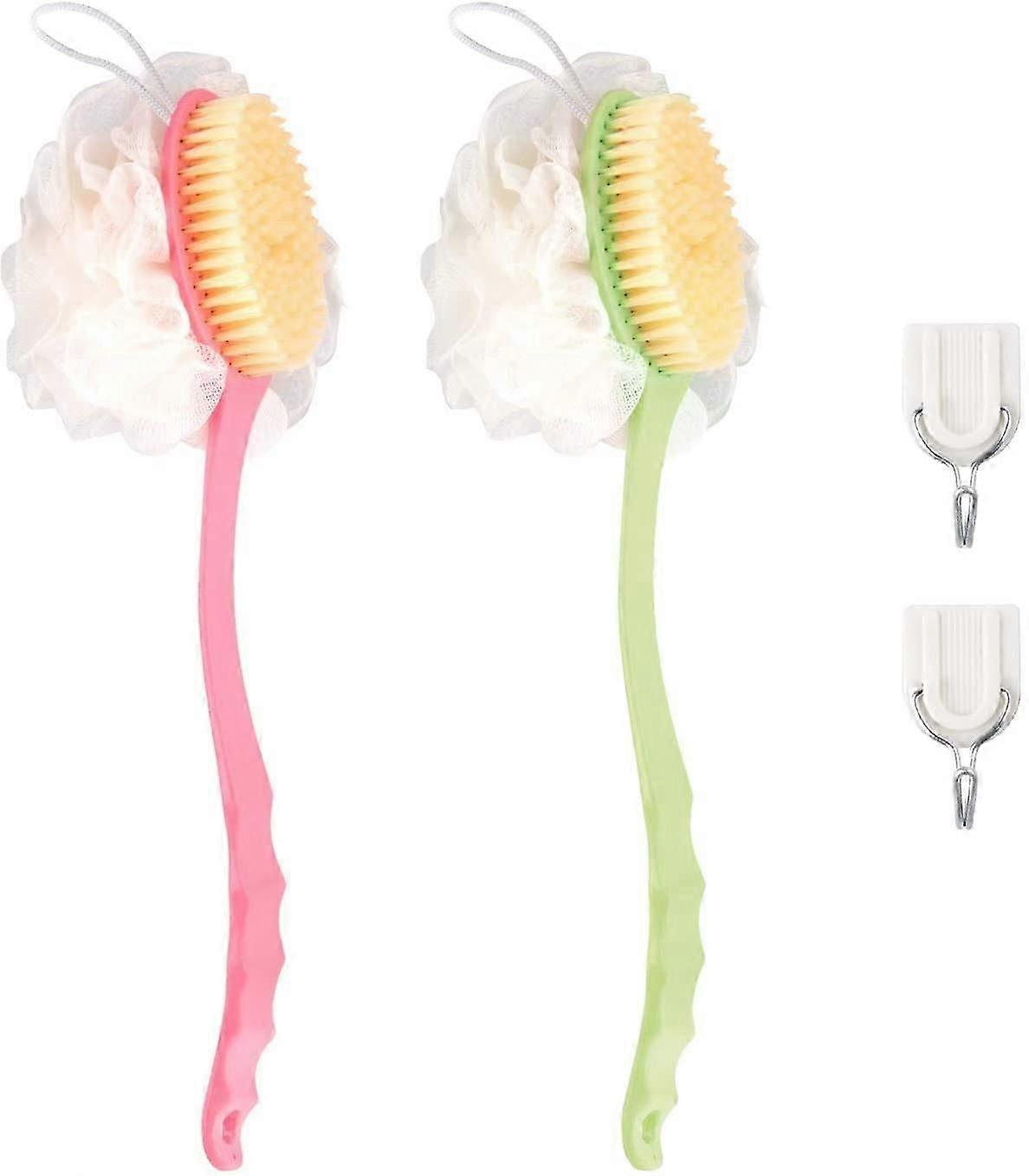 2-Pack Long-Handle Bath Brushes - Exfoliating Mesh Sponge for Back Scrubbing (Green & Pink)