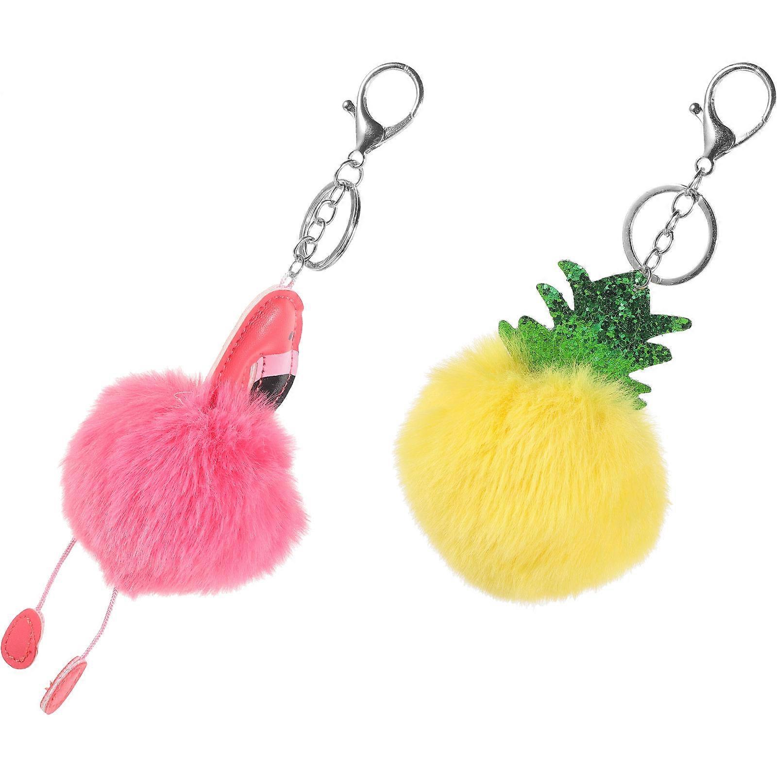 Fluffy Plush Flamingo and Pineapple Keychain with Metal Chain for Keys Assorted Color