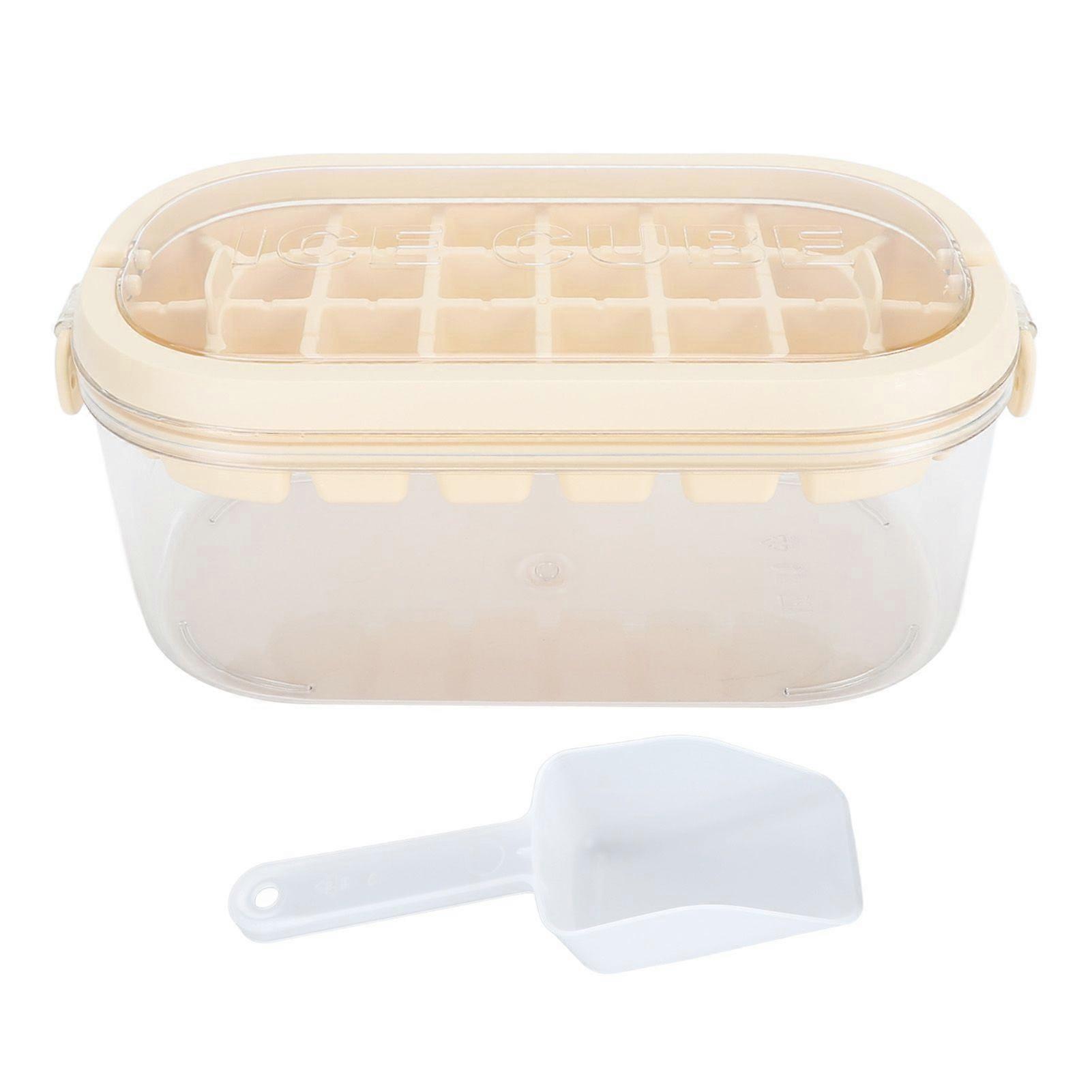 Ice Cube Tray with Lid Bin and Scoop Removable Cover Stackable Large Capacity Ice Cubes Mould Tray with Handle for Freezer Beige
