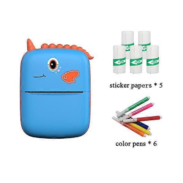 Small dinosaur mini portable printer blue + 5 rolls stickers + colored pens