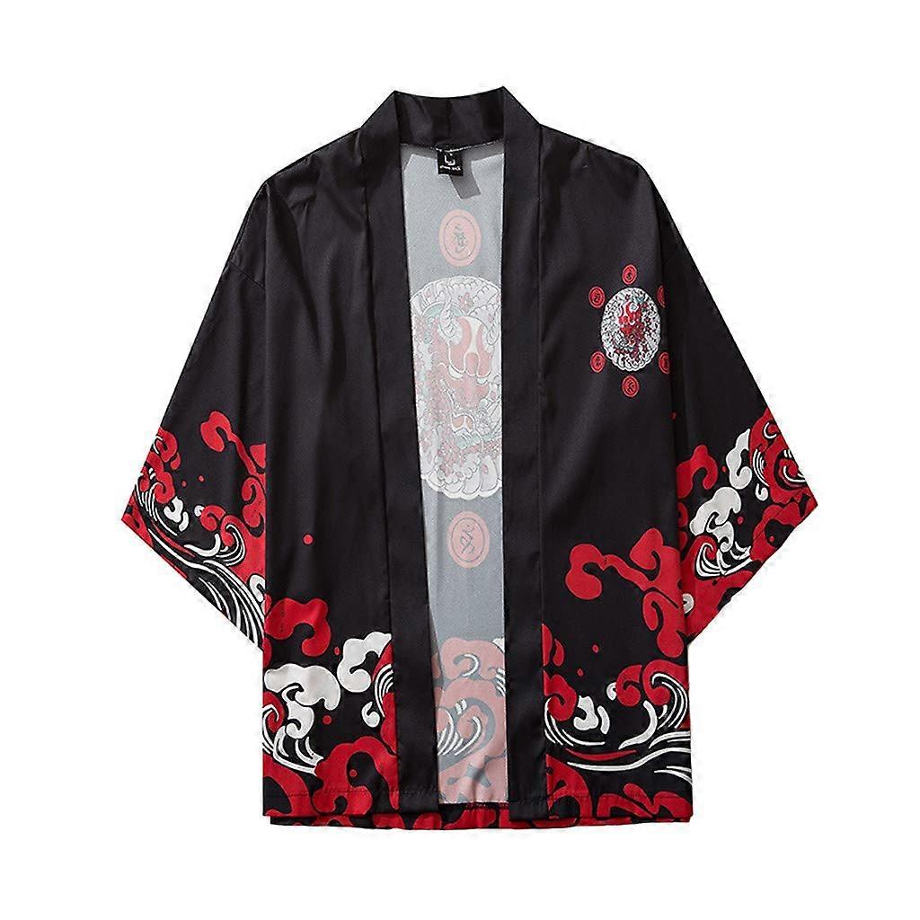 Japanese Kimono for Men and Women 3/4 Sleeve Yukata Haori Cardigan Bathrobe Loose Fit Summer Jacket Black Size L