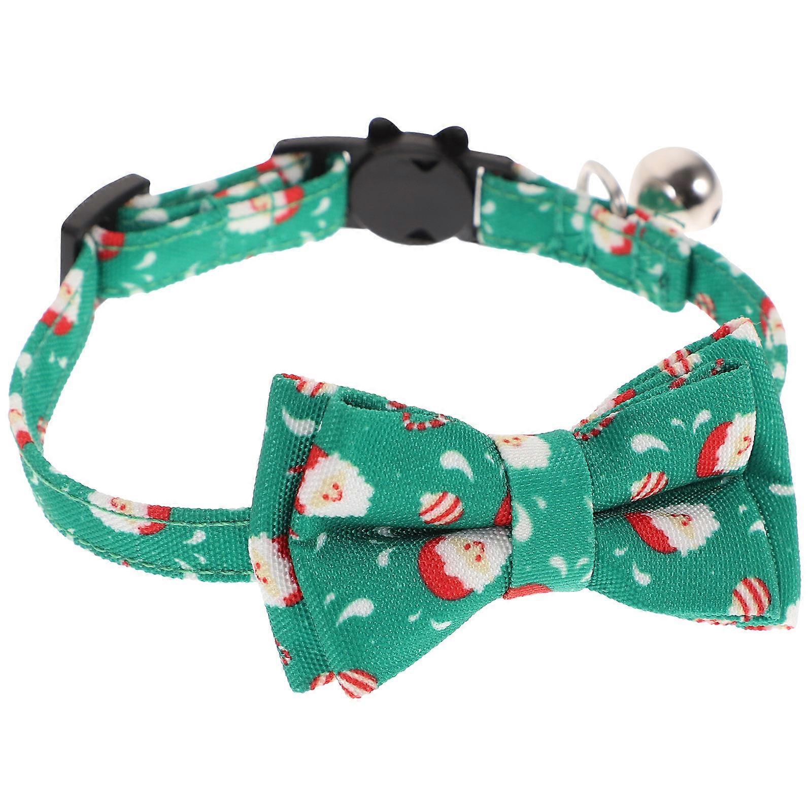 Adorable Christmas Pet Collar with Bell and Bow in Green Color Cloth Material for Pet Use Adjustable