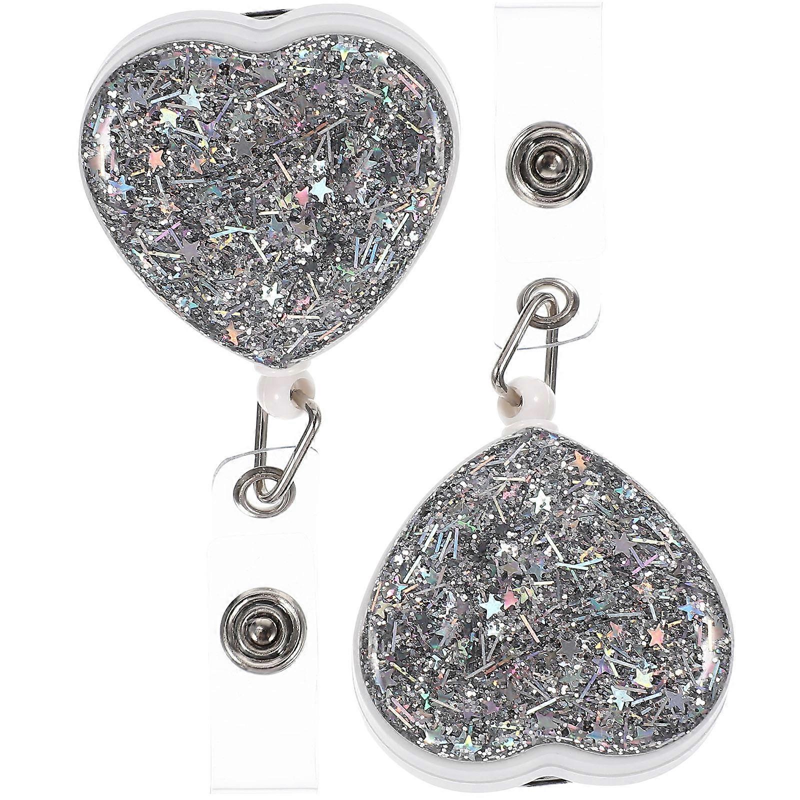 Metal Badge Holder Heart-Shaped Cards Clips Daily Use Silver Abs Lanyard Attachment 2Pcs