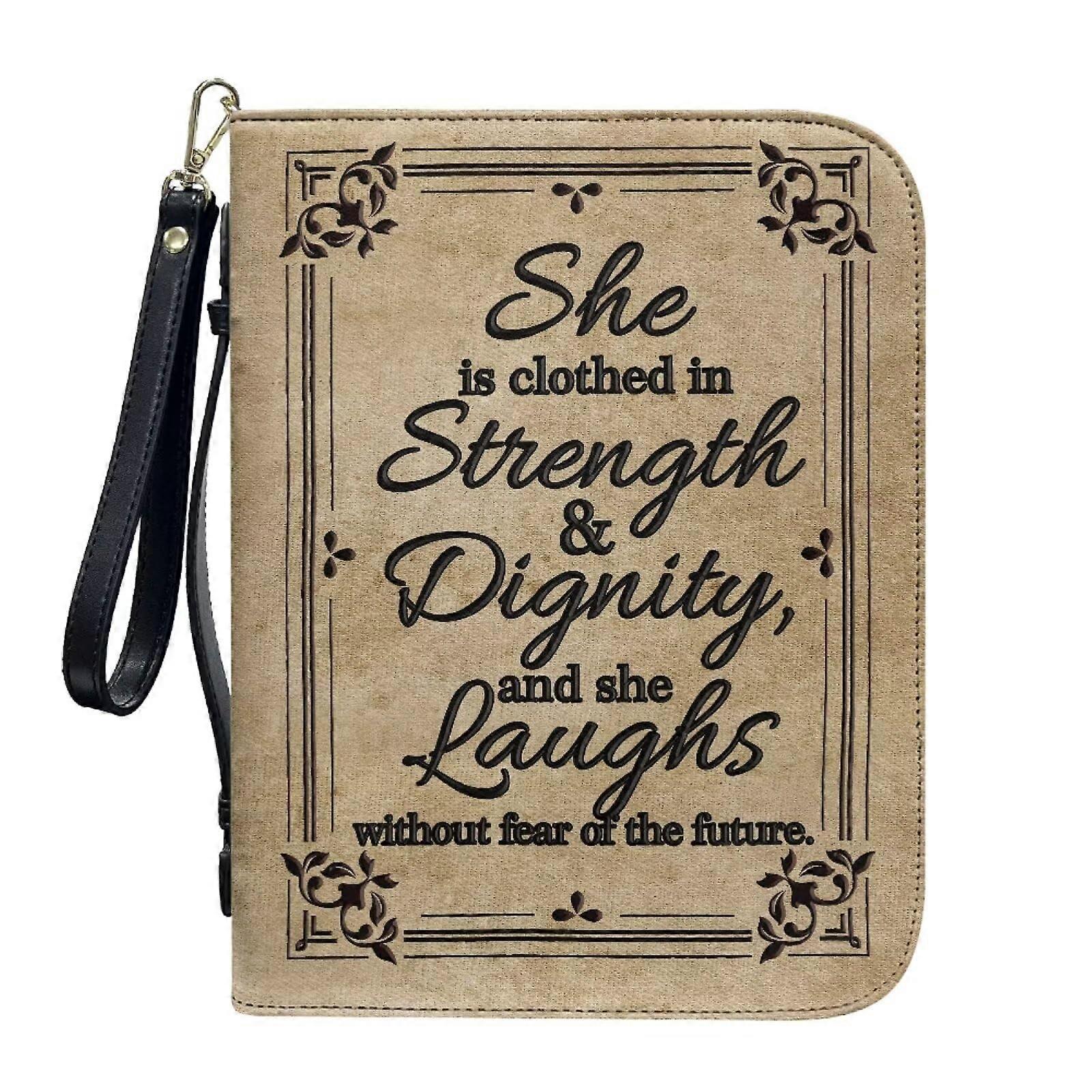 Bible Cover with Retro Bible Verse, PU Leather, Large Capacity, Handle and Wrist Strap, for Men and Women, Church Use, Size L
