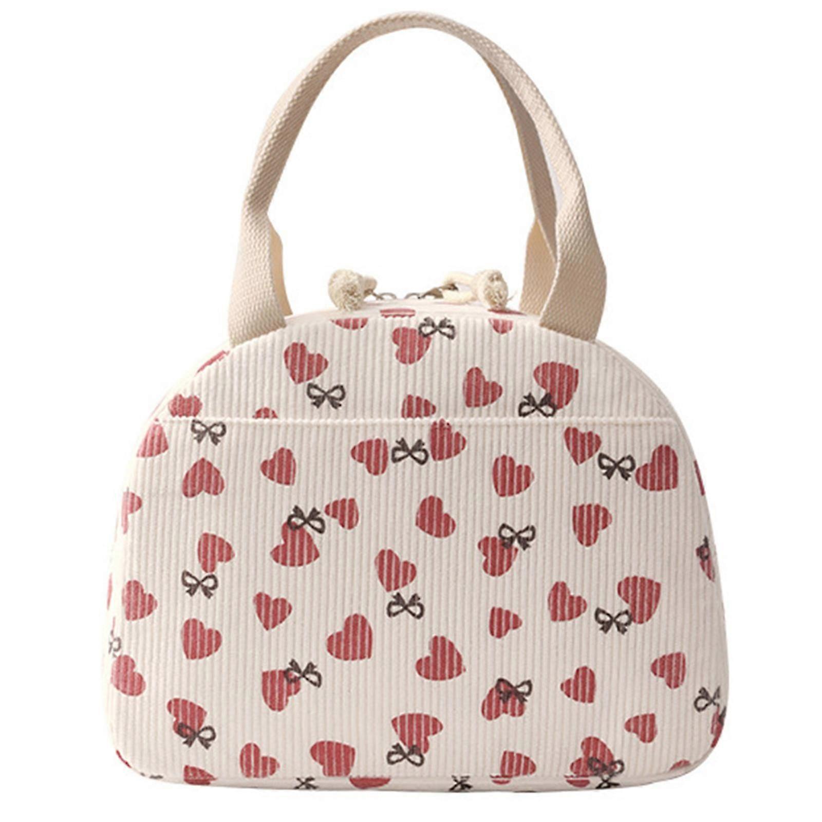 Corduroy Lunch Bag Insulated Cute Heart Flower Pattern Large Capacity Reusable Handbag for Work or Travel Lunch Carriers flower
