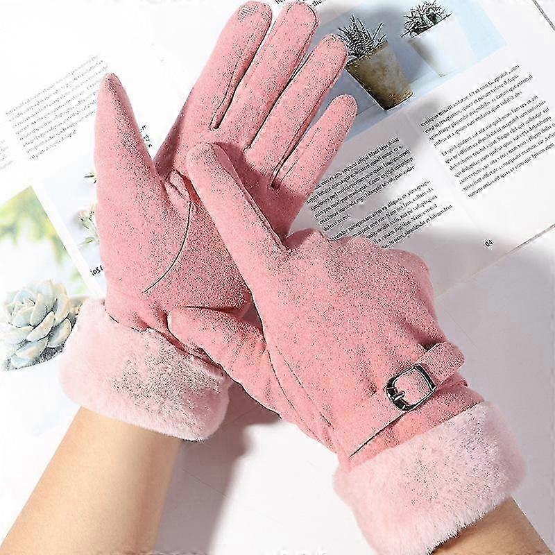 Plush Cuff Metal Buckle Gloves Solid Color Thickened Warm Gloves Women's Stylish Versatile Cold-proof Gloves 2025