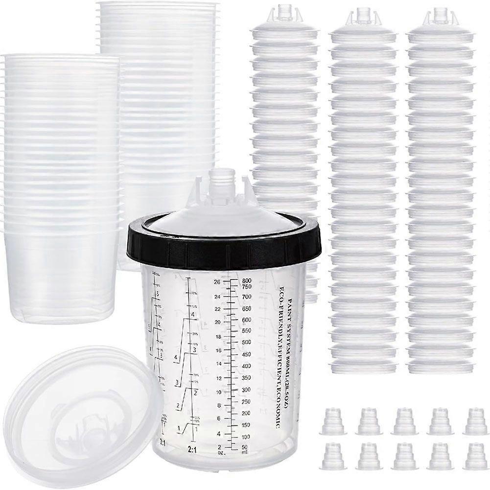 Paint Cup for HVLP and LVLP , 28 Ounce (800ml) Kit with 50 Cups and Lids System, 1 Hard Cup Retainer Ring and 20 Plugs