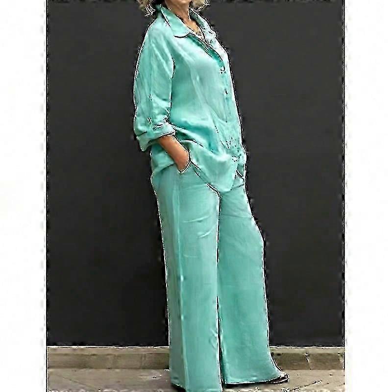 Linen Shirt and Wide Leg Pants Set for Women - 2 Piece Long Sleeve Casual Suit with Button Blouse and Loose Trousers Outfit