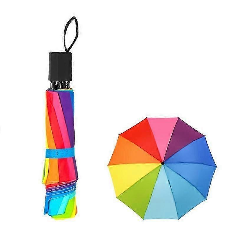 Fashion Rainbow Umbrella Three Fold Umbrella Long Handle Automatic Wind Resistant Folding Straight Umbrella