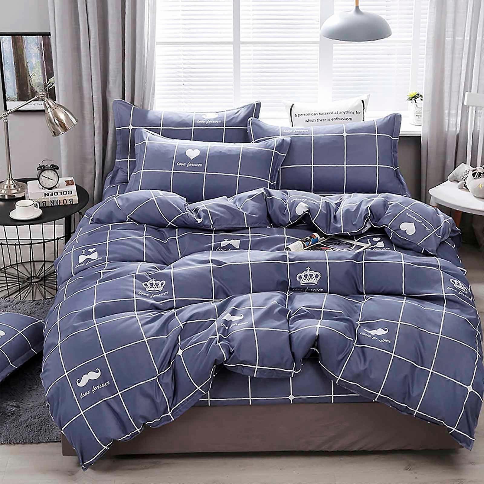 Xaoshaoyi 4-Piece Queen Comforter Set, Plaid Black White Grid Geometric Quilt, Soft Lightweight Down Alternative (Blue)