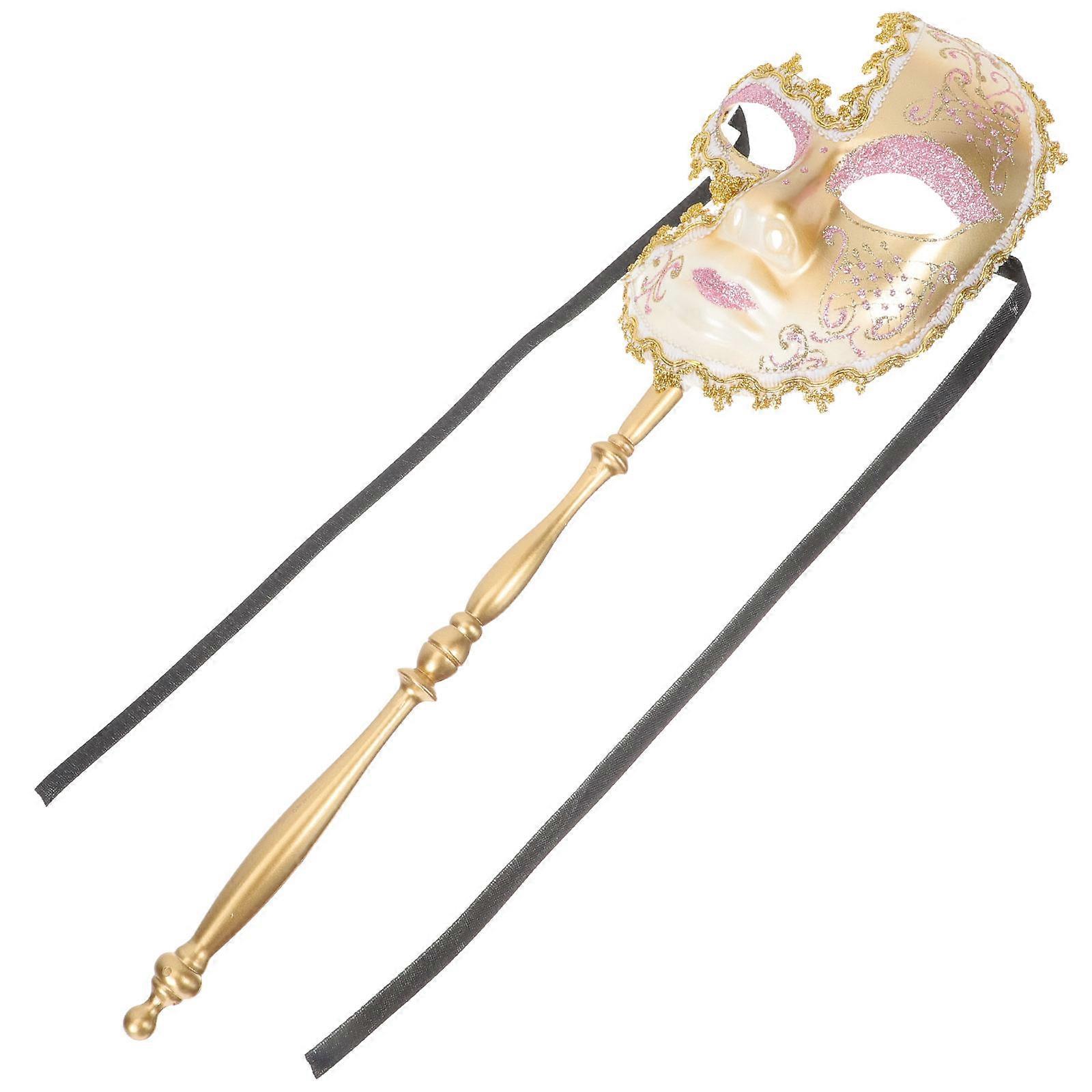 2Pcs Pink Venetian Masquerade Mask on Stick for Party Use Handheld Mask
