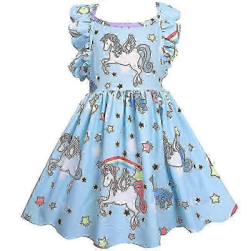 Çocuk Kızlar Casual Unicorn Parti Elbise Yaz Fırfır Kollu Salıncak Elbiseler