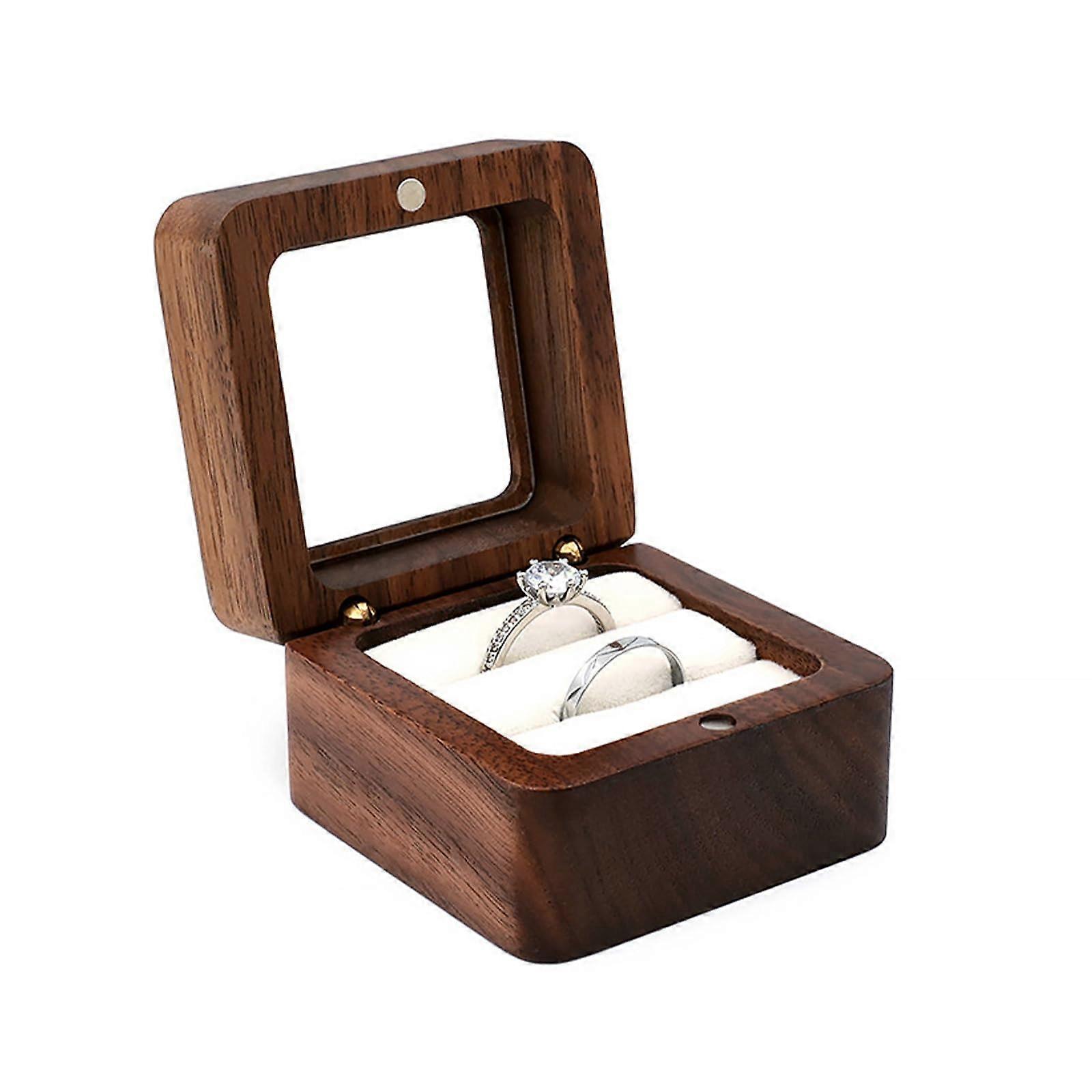 Square Walnut Wood Ring Box With Transparent Window Velvet Interior Engagement Gift Holds 2 Rings 5.5x5.5x3.5 cm